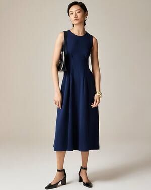 J.Crew Nadia Midi Dress WMNS M Navy Sleeveless Seamed Waist Ponte Knit Back Zip